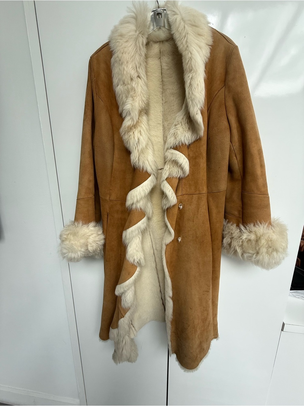 Vakko Tan Shearling Trench Coat with Cream Fur Trim